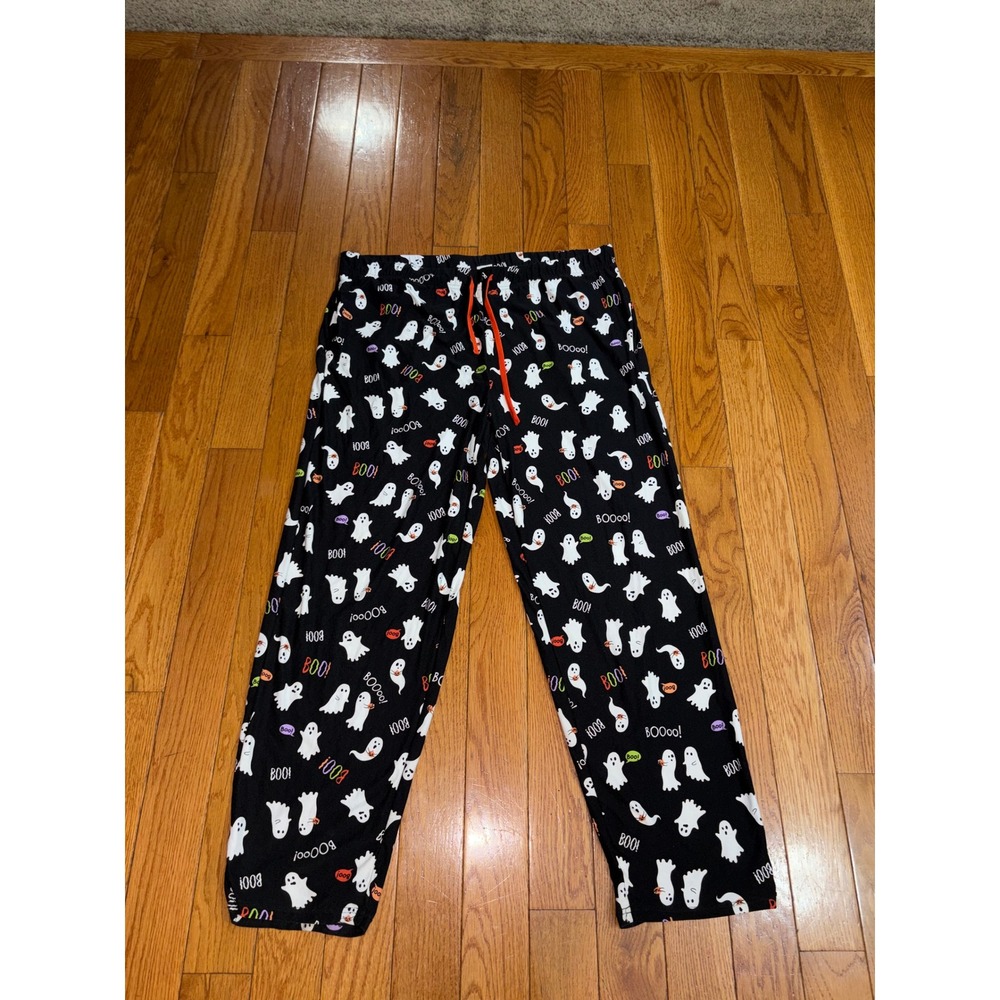 Celebrate Halloween Ghost Print Pajama Pants Black Orange Drawstring XL